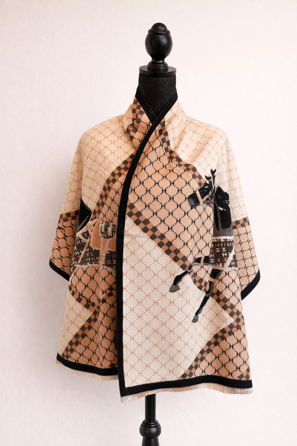 Monogram Horse Print Reversible Oversized Scarf - Tan/Black