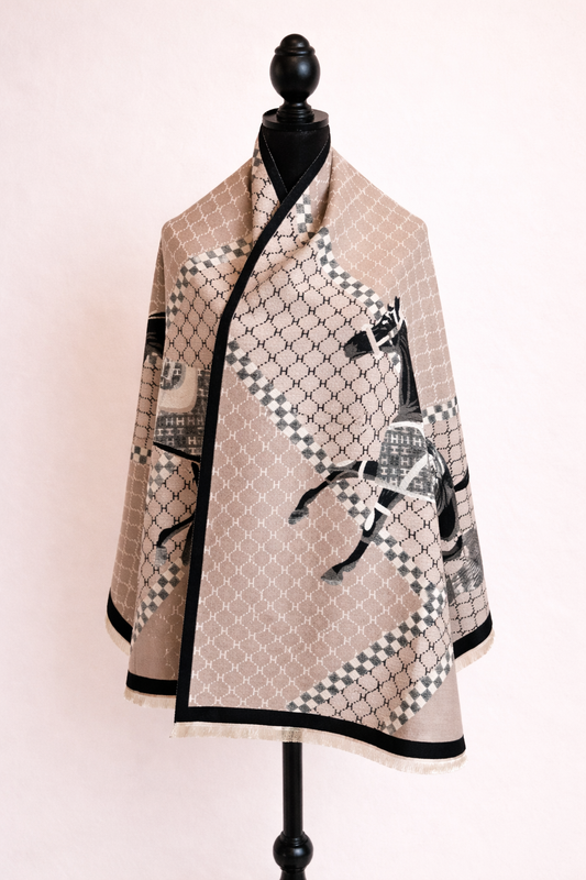 Monogram Horse Print Reversible Oversized Scarf - Beige/Black