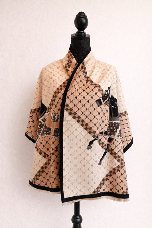Monogram Horse Print Reversible Oversized Scarf - Tan/Black